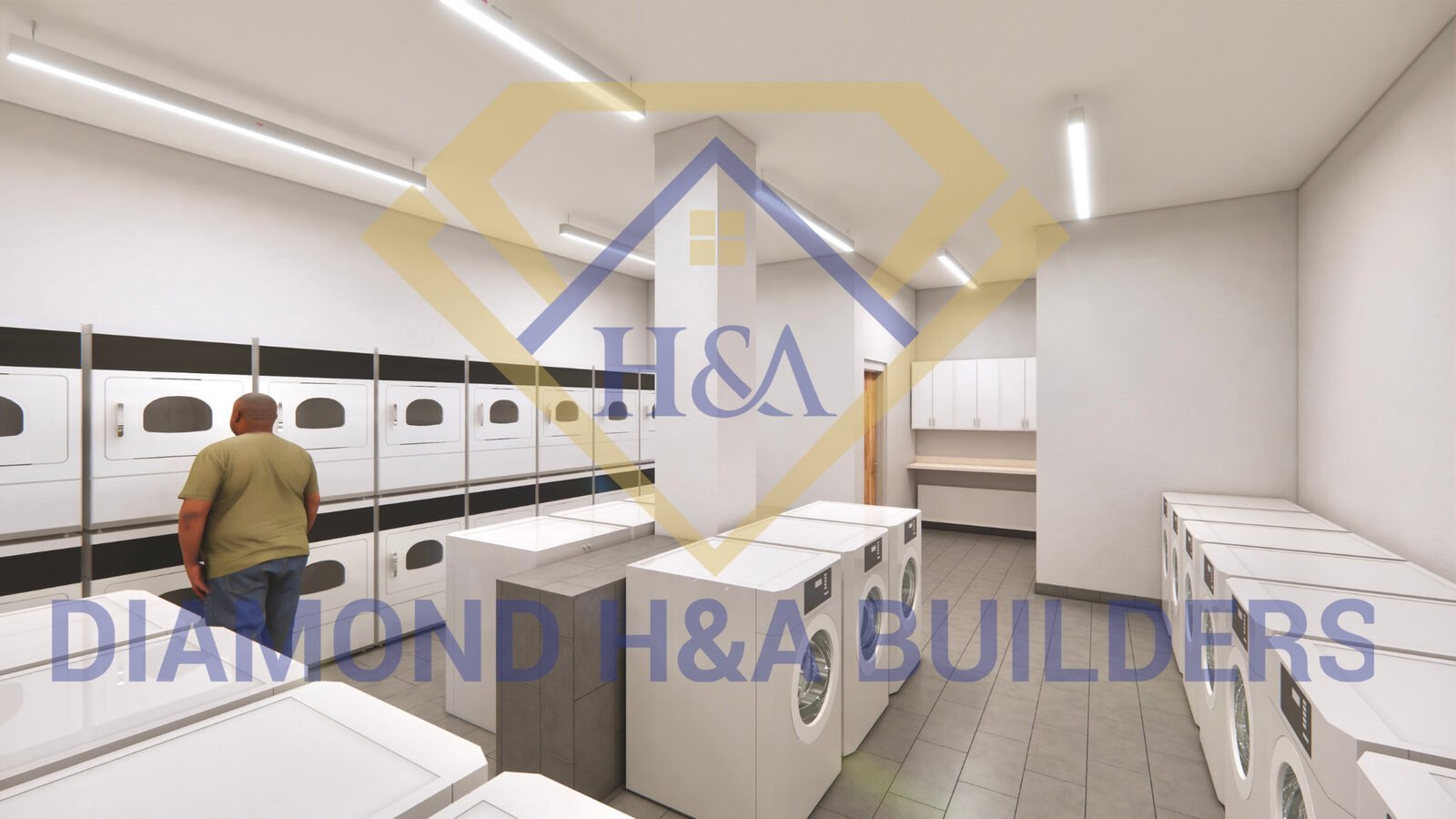 Rendering of a renovated apartment building laundry room